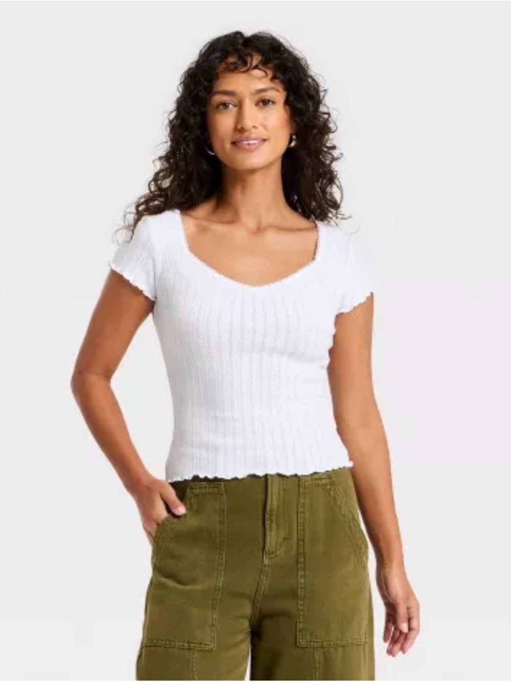 Universal Thread White Ribbed Scoop Short Sleeve Top